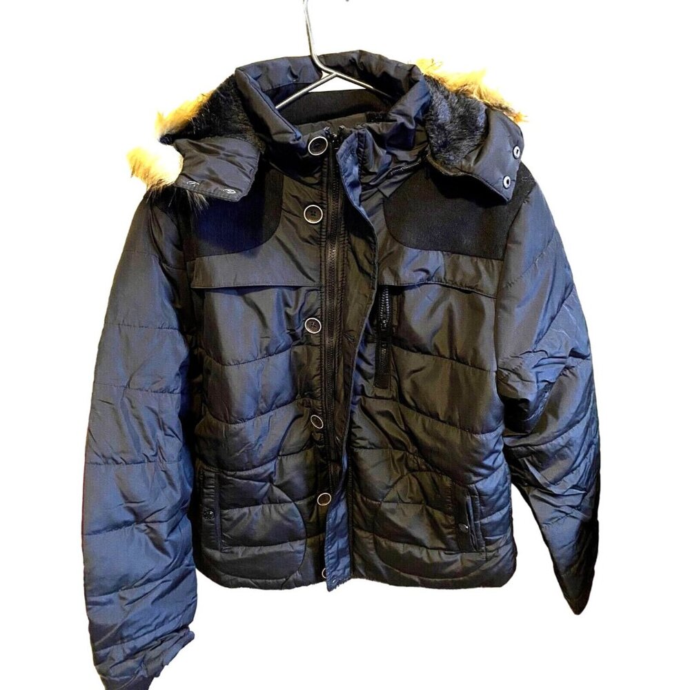 Womans Bubble Quilted Black Jacket Puffer Parka Coat Top Faux Fur Hood